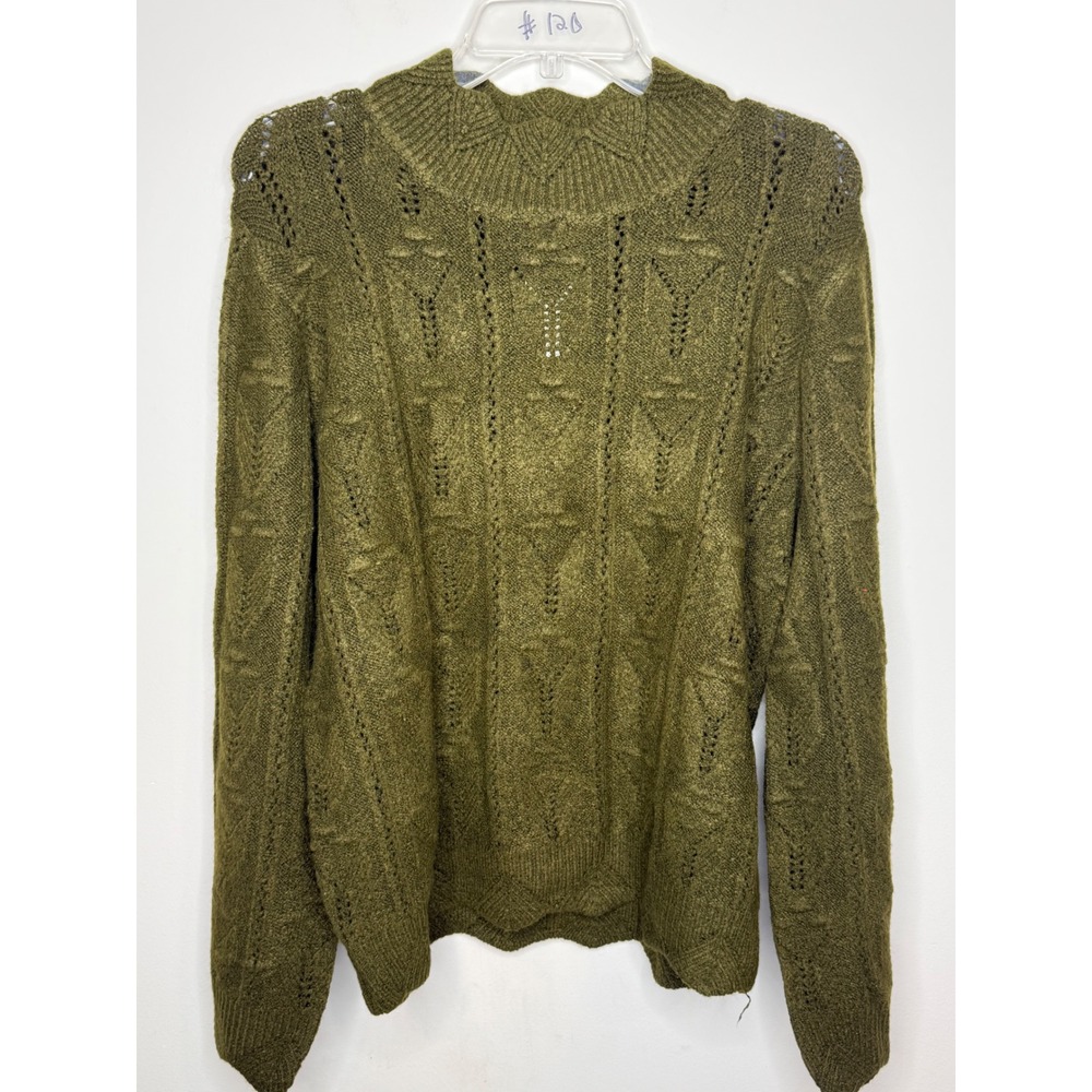 So Me Olive Green Pointelle Cable Knit Mock Neck Sweater Small